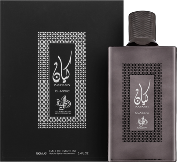 Woda perfumowana Kayaan Classic Al Wataniah unisex, butelka i czarne pudełko z szarym napisem, widok z przodu.