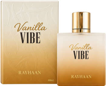 Rayhaan Vanilla Vibe, woda perfumowana w butelce z matowego szkła obok złotego pudełka.