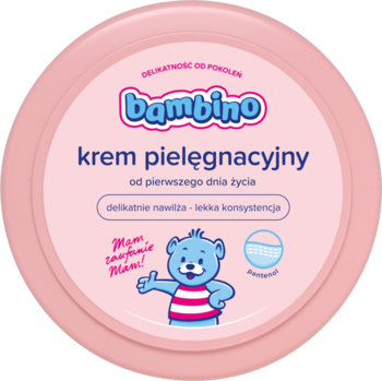 Różowy, okrągły słoik kremu pielęgnacyjnego Bambino dla niemowląt, widok z góry, z grafiką niebieskiego misia.