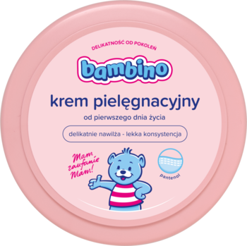 Różowy, okrągły słoik kremu pielęgnacyjnego Bambino dla niemowląt, widok z góry, z grafiką niebieskiego misia.