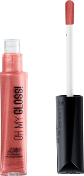 Rimmel Oh My Gloss! różowy błyszczyk Snog Swatch, z olejkiem arganowym. Zbliżenie na otwartą butelkę i aplikator.