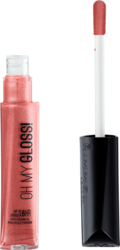 Rimmel Oh My Gloss! różowy błyszczyk Snog Swatch, z olejkiem arganowym. Zbliżenie na otwartą butelkę i aplikator.