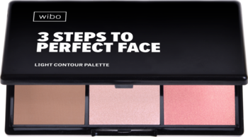 WIBO 3 Steps to Perfect Face Light Palette, otwarta, z matowym bronzerem, rozświetlaczem i perłowym różem.