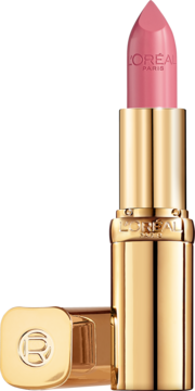 Różowa satynowa pomadka L'Oréal Color Riche Les Intenses w złotej oprawce, z odłożoną obok skuwką.