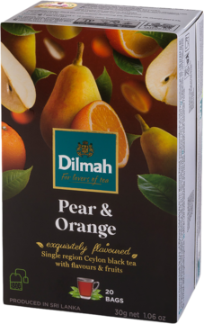 Angled view of Dilmah Pear & Orange Ceylon black tea box. Dark brown with vibrant pear and orange illustrations, 20 bags.