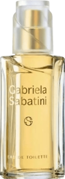 Woda toaletowa Gabriela Sabatini, złocisty płyn w szklanej butelce z napisem EAU DE TOILETTE, widok z przodu.