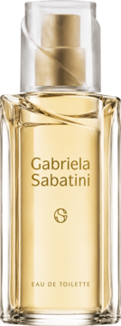 Gabriela Sabatini Eau de Toilette w eleganckiej, prostokątnej, szklanej butelce ze złotym płynem, widok z przodu.