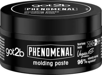 Got2b Phenomenal molding paste, czarny matowy słoik, widok z przodu, dla naturalnego wyglądu włosów.
