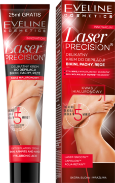 Eveline Laser Precision krem do depilacji bikini, pach i rąk. Widok tubki i pudełka z przodu, czarno-czerwone.