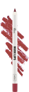 Wibo Nude Lips konturówka do ust w odcieniu nr 3, z pionowo ułożonym białym ołówkiem i rudymi swatchami.