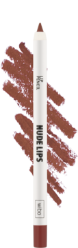 Wibo Nude Lips Lip Pencil nr 2, nude brązowa kredka w białym korpusie z widocznymi swatchami.