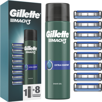 GILLETTE Mach 3 Extra Comfort,zestaw do golenia, żel + 8 wkładów do maszynki do golenia, 3-ostrzowe, dla mężczyzn,kompozycja-2