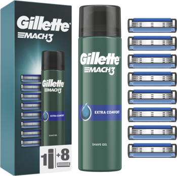Zestaw Gillette Mach3: zielony żel Extra Comfort, 8 ostrzy wymiennych i tealowe pudełko, na białym tle.