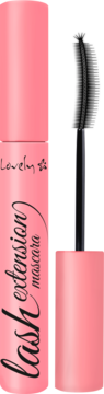 Lovely Lash Extension mascara w różowej tubce z wyciągniętą czarną szczoteczką, pogrubiająca i wydłużająca rzęsy.