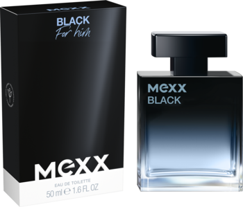 Woda toaletowa Mexx Black: butelka z niebieskim gradientem i czarną nakrętką obok czarnego pudełka.