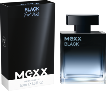 Woda toaletowa Mexx Black: butelka z niebieskim gradientem i czarną nakrętką obok czarnego pudełka.