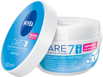 NIVEA Care 5w1 Odżywczy Lekki Krem do twarzy, dwa białe słoiki z niebieskimi detalami, jeden z boku.