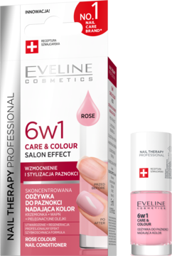 Eveline 6w1 Rose Colour odżywka do paznokci w białym pudełku z różową grafiką i obok różową butelką.