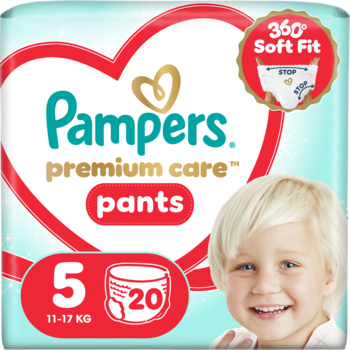 Opakowanie pieluchomajtek Pampers Premium Care Pants rozmiar 5 (11-17 kg), 20 sztuk, z chłopcem i napisem 360° Soft Fit.