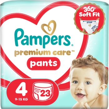 Front opakowania Pampers Premium Care Pants, rozm. 4, 23 szt., z grafiką niemowlaka i etykietą 360° Soft Fit.