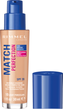 Rimmel Match Perfection podkład 10 Light Porcelain SPF 20, beżowa butelka z niebieską pompką, widok z przodu z odkręconą nakrętką.