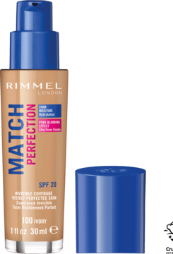 Rimmel Match Perfection SPF 20, 100 Ivory. Podkład w beżowej butelce z niebieskim pompką i zdjętą nakrętką.