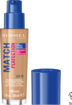 Rimmel Match Perfection SPF 20, 100 Ivory. Podkład w beżowej butelce z niebieskim pompką i zdjętą nakrętką.