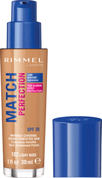 Podkład Rimmel Match Perfection SPF 20 Light Nude w beżowej butelce z niebieską pompką, z odkręconą nakrętką.