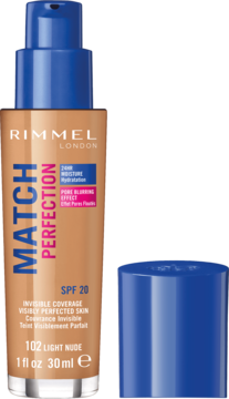 Podkład Rimmel Match Perfection SPF 20 Light Nude w beżowej butelce z niebieską pompką, z odkręconą nakrętką.