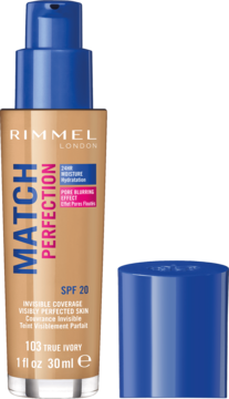 Podkład Rimmel Match Perfection 103 True Ivory SPF 20 w beżowej butelce z niebieską pompką i odkręconą nakrętką.