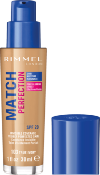 Podkład Rimmel Match Perfection 103 True Ivory SPF 20 w beżowej butelce z niebieską pompką i odkręconą nakrętką.