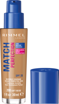 Rimmel Match Perfection podkład Soft Beige SPF 20, butelka z niebieską pompką i oddzielną nakrętką, widok z przodu.
