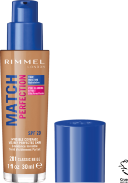 Podkład Rimmel Match Perfection Classic Beige SPF 20, brązowa butelka z niebieską pompką i zdjętą nakrętką.