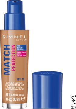 Podkład Rimmel Match Perfection Classic Beige SPF 20, brązowa butelka z niebieską pompką i zdjętą nakrętką.