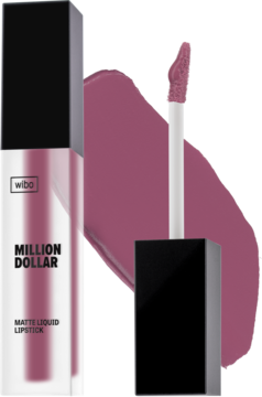 Wibo Million Dollar matowa pomadka w płynie nr 1, butelka, aplikator i próbka koloru brudnego różu.