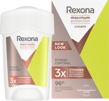 Biały antyperspirant w kremie Rexona Maximum Protection Stress Control 96H i pudełko obok, widok z przodu.