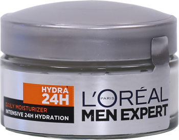 L'Oréal Men Expert HYDRA 24H Daily Moisturizer w szklanym słoiczku z szarą zakrętką, widok z przodu.