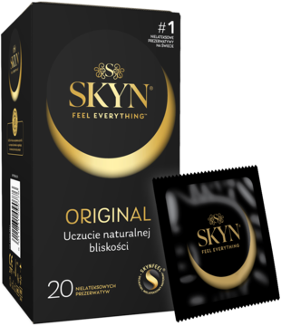 SKYN Original prezerwatywy nielateksowe, czarne pudełko 20 sztuk ze złotymi napisami i widoczną saszetką.