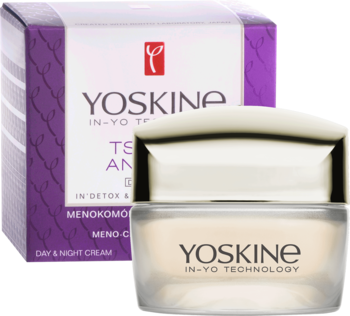 Yoskine Tsubaki Anti-Age krem na dzień i noc w beżowym słoiczku z złotą zakrętką, przed fioletowym pudełkiem.