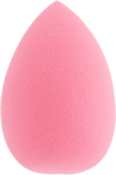 Różowa, jajowata gąbeczka do makijażu bez lateksu, widok z przodu, z porowatą teksturą do aplikacji podkładu.