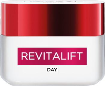 L'Oréal Paris Revitalift Krem na dzień, biały słoiczek, czerwona zakrętka, różowa etykieta z białym napisem.