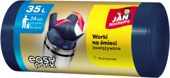 Ciemnogranatowe worki na śmieci JAN Niezbędny 35L Easy Pack zawiązywane, widok rolki z etykietą.