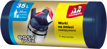 Ciemnogranatowe worki na śmieci JAN Niezbędny 35L Easy Pack zawiązywane, widok rolki z etykietą.