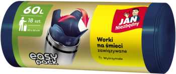 Granatowe worki na śmieci JAN Niezbędny 60L, 10 szt., w rolce ze złotą etykietą Easy Pack.