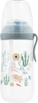 Babydream bidon ze słomką silikonową dla dzieci 12m+, podwodny wzór, niebieska pokrywka i uchwyt.