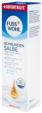 Opakowanie Fuss Wohl Schrunden Salbe 75ml z 25% Urea na popękane pięty, biało-niebieskie, widok przodu i boku.