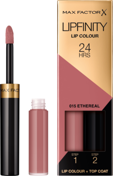 Max Factor Lipfinity Lip Colour 015 Ethereal, różowo-beżowa pomadka dwufazowa z aplikatorem i pudełkiem.