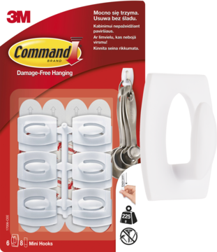 3M Command mini haki samoprzylepne, 6 białych haczyków wielokrotnego użytku w opakowaniu na czerwonym tle, 225g.