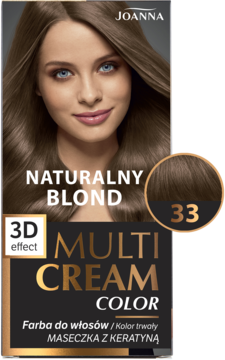Opakowanie farby Joanna Multi Cream Color 33 Naturalny Blond z modelką i próbką koloru, widok z przodu.