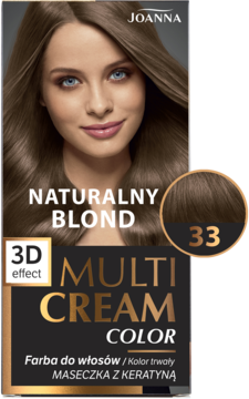 Opakowanie farby Joanna Multi Cream Color 33 Naturalny Blond z modelką i próbką koloru, widok z przodu.